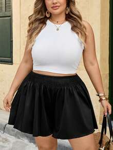 SHEIN CURVE+ Quần short nữ cỡ lớn, màu trơn, dáng rộng, thích hợp mặc mùa hè, năng động. - màu đen - Xem 5