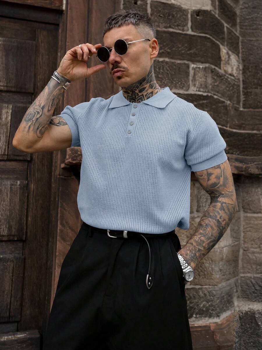 Artur Kramer Men's Hollow Design Knitted Polo Shirt, Minimalist & Fashionable, Suitable For Summer - Baby Blue - View 1