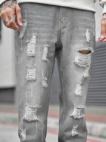 Devon Thys Men's Outdoor Casual Straight Leg Distressed Blue Jeans, Autumn/Winter - Grey - View 3