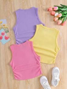 SHEIN 3件套少女针织纯色立领修身休闲短款背心套装 - 彩色 - 查看 2