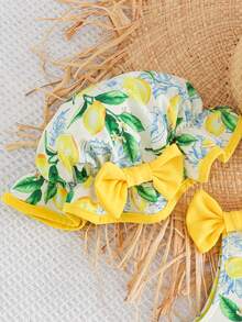 Cozy Pixies 2pcs Baby Girl Cute Yellow Lemon Print Dopamine Color Romper & Casual Versatile Sun Hat Set - Yellow - View 5