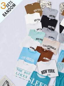 SHEIN (Random 3 Sets) Boys White Summer Casual Holiday Back-To-School English Letter & Graphic Print Short Sleeve T-Shirt And Shorts 3-Piece Loungewear Set - Multicolor - View 6