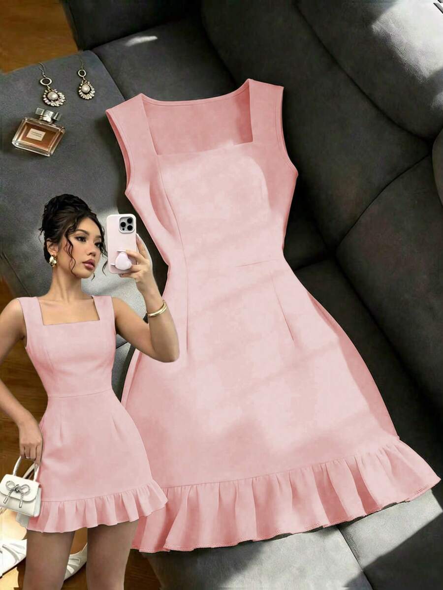 SHEIN Franclia 女士优雅方领无袖白色褶皱荷叶边下摆时尚连衣裙 - 粉色 - 查看 1