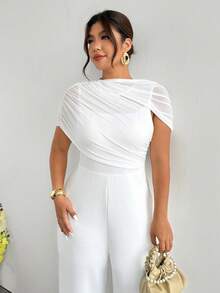 Firerie Plus Size Women Elegant Minimalist Poncho Design Mesh Patchwork Loose Jumpsuit, Versatile For Daily Wear White Wedding Guest Graduation Party - White - View 7