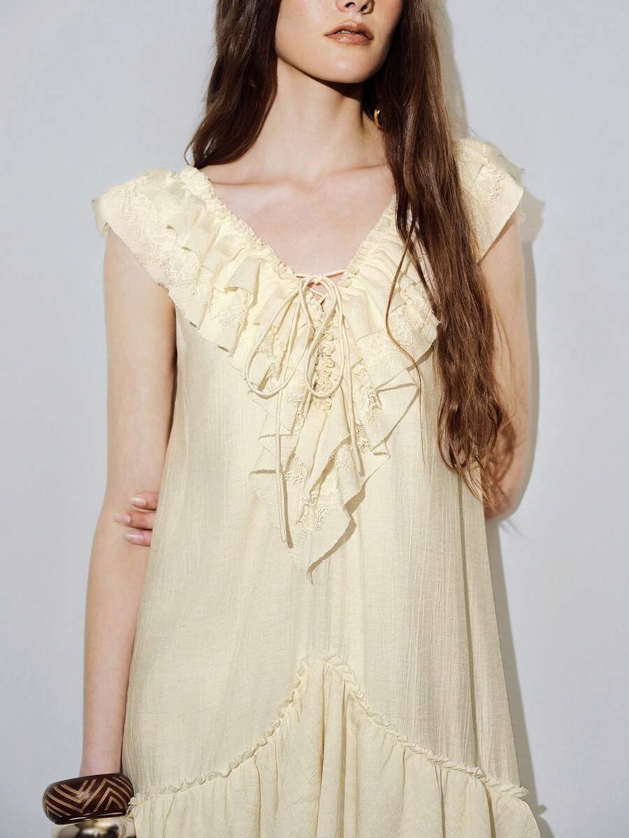 MOTF PREMIUM LINEN V-NECK LOOSE RUFFLED HEM SHORT DRESS, SUITABLE FOR SPRING/SUMMER VACATION - Apricot - View 2