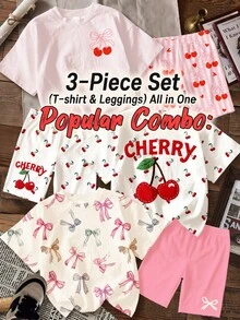 [Bộ sản phẩm phổ biến: 3 món (Áo phông & Quần legging) trong một] Họa tiết nơ và quả anh đào dễ thương, nơ nhiều màu sắc, sọc hồng ngọt ngào kiểu retro, phong cách graffiti, nữ tính, thoải mái, Y2K, bộ áo phông tay ngắn rộng rãi đơn giản cho bé gái tuổi teen và quần legging, bộ 3 món, nhiều món phù hợp cho mùa hè - Nhiều màu - Xem 1