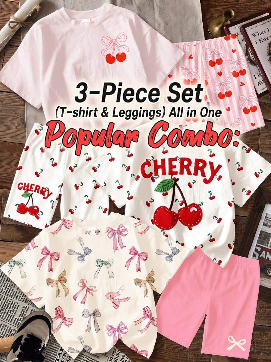 [Bộ sản phẩm phổ biến: 3 món (Áo phông & Quần legging) trong một] Họa tiết nơ và quả anh đào dễ thương, nơ nhiều màu sắc, sọc hồng ngọt ngào kiểu retro, phong cách graffiti, nữ tính, thoải mái, Y2K, bộ áo phông tay ngắn rộng rãi đơn giản cho bé gái tuổi teen và quần legging, bộ 3 món, nhiều món phù hợp cho mùa hè - Nhiều màu - Xem 1
