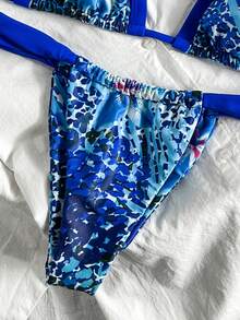 Swim Mod Conjunto de bikini de 2 piezas para mujer de verano con estampado aleatorio, halter, espalda descubierta y tanga - Multicolor - Ver 5