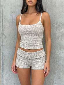 SHEIN EZwear Conjunto de camiseta y pantalones cortos con estampado de leopardo blanco minimalista y casual, adecuado para uso diario, ir a la calle, citas, reuniones, apto para primavera/verano/otoño/invierno - Multicolor - Ver 4