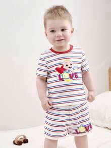 CoComelon X SHEIN Baby Jungen Cartoon & Gestreift Muster Rundhals Kurzarm T-Shirt und Shorts 2 Stücke Set - Verschiedenfarbig - Übersicht 5