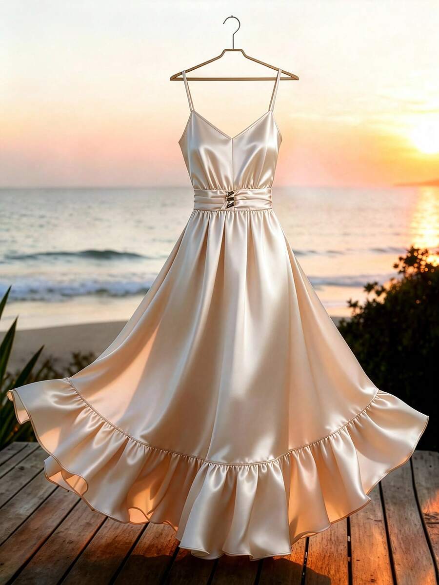 GlowEve CURVE Plus Size Women's Elegant Brown Summer Sleeveless Satin Dress,Metal Buckle Waist Pleats Long Gown Holiday,Wedding Guest Gym,Vacations - Apricot - View 1