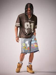 Nick 90s | SHEIN Men's V-Neck Striped & Letter Print Casual Short Sleeve T-Shirt - Brown - View 4
