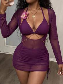 Maweii Costume da bagno da donna taglie forti, set da 3 pezzi, con accenti floreali e colore unito, sexy - Viola - Visualizzare 4