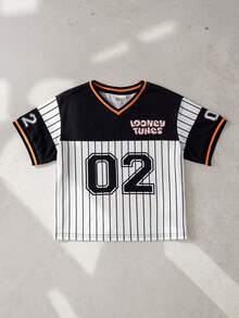 LOONEY TUNES X SHEIN 男童休闲时尚街头日常通勤卡通拼接条纹印花短袖T恤，夏季 - 白色 - 查看 3