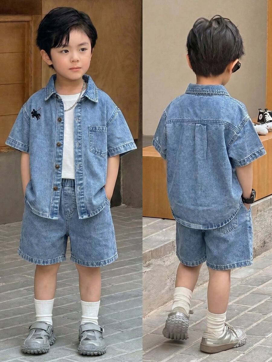 SHEIN Genkimix Kids 男童夏季休闲时尚街头风日常通勤刺绣落肩宽松牛仔外套和牛仔短裤套装