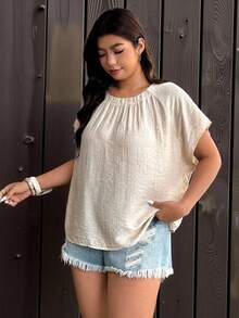 Enliva Plus Size Simple Loose Fit Round Neck Short Sleeve Top, For Apple And Rounded Body Shape - Apricot - View 4