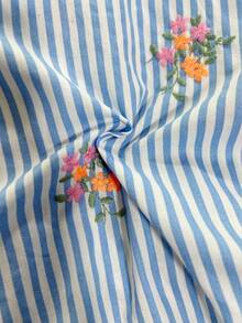 Lacomfia Embroidered Striped Fabric Long Sleeve Fitted Regular Shirt, Plus Size, Spring/Autumn - Multicolor - View 5