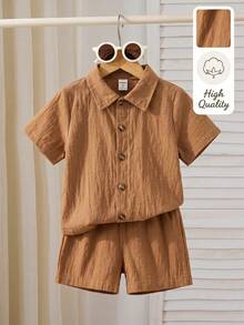 Souflis Souflis Setelan Kemeja dan Celana Pendek Polos untuk Anak Laki-Laki, Bahan Katun, Tanpa Kaos, Liburan Musim Panas - Coffee Brown - View 6