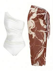 Swim Oasis Women's Solid Color Ruched One-Piece Swimsuit And Skirt Set, Suitable For Beach Vacation, Pool Party, Beach Party - Multicolor - View 6