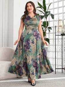 SHEIN Clasi Plus Size Women Tie-Dye Elegant Waist Cinched Party Dress - Multicolor - View 6