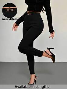 SHEIN PETITE CURVE Quần dài dáng ôm cạp cao chi tiết khóa kim loại dành cho nữ cỡ lớn, quần dài thanh lịch cho mùa hè và mùa xuân, phù hợp cho tiệc tùng, đám cưới, những dịp trang trọng, kỳ nghỉ, ngày Valentine, các sự kiện trang trọng, phong cách cổ điển, công sở, đi làm. - màu đen - Xem 3