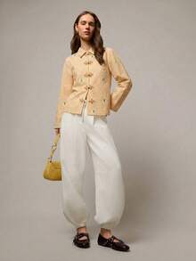Nöista Loose Blouse With Chinese Style Buttons On Front Opening, In Contrast Red And Fabric Stripes Flower Print. Spring, Summer For Festival - Yellow - View 5