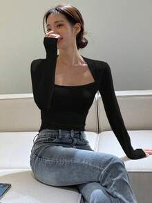 DAZY Women's Swan Neck Long Sleeve T-Shirt,Fall Clothes Going Out Tops - Black - View 3