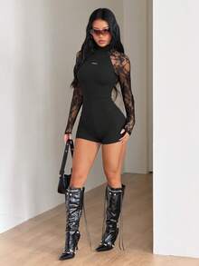 SHEIN ICON Bộ áo liền quần dài tay phối ren tương phản dành cho nữ - màu đen - Xem 7