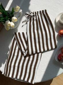 SHEIN EZwear 大码棕白条纹印花系带休闲裤 - 巧克力棕 - 查看 3