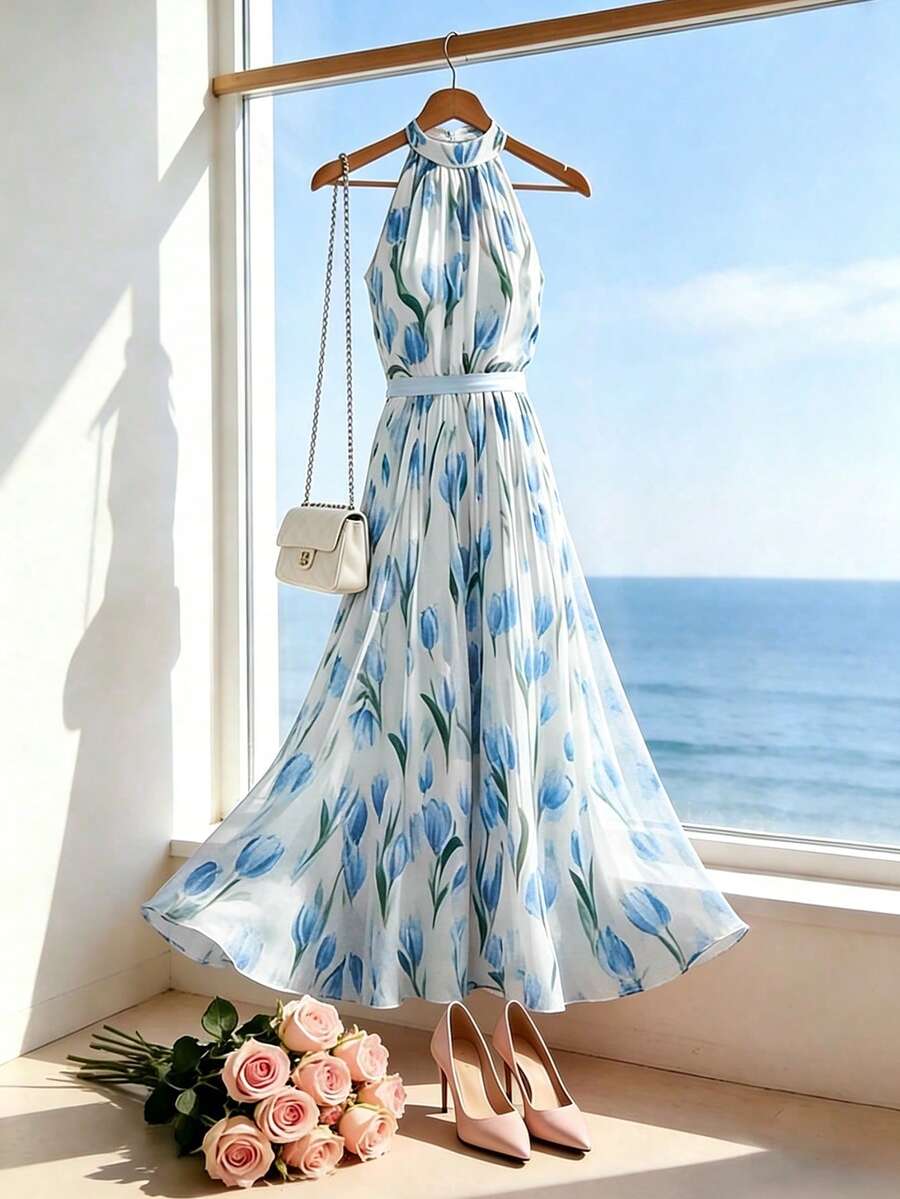 Franclia Women's New Digital Print Halter Neck Fitted Waist Dress, Suitable For Beach Vacation And Travel - Sky Blue - View 1
