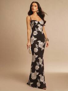 Fitted Strappy Dress With 3D Floral Print - Multicolor - View 4