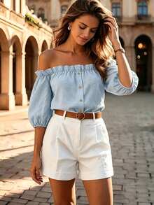 Balvessa New Arrival French Style Off-Shoulder Petal Sleeve Top - Baby Blue - View 6