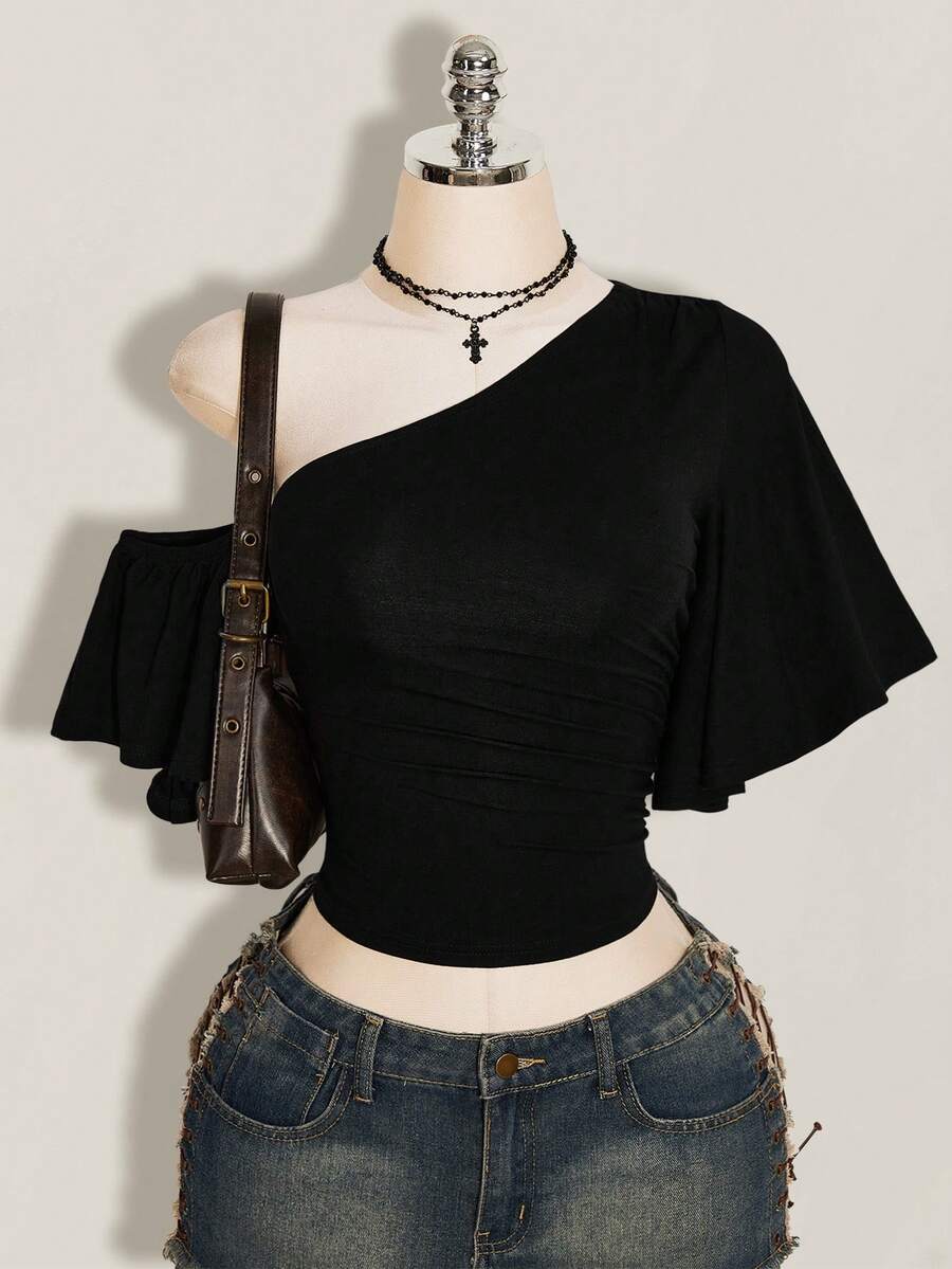 SHEIN ICON Y2k 夏季女款黑色夜店性感外出純色不對稱領短袖側抽繩時尚上衣 - 黑色 - 查看 1