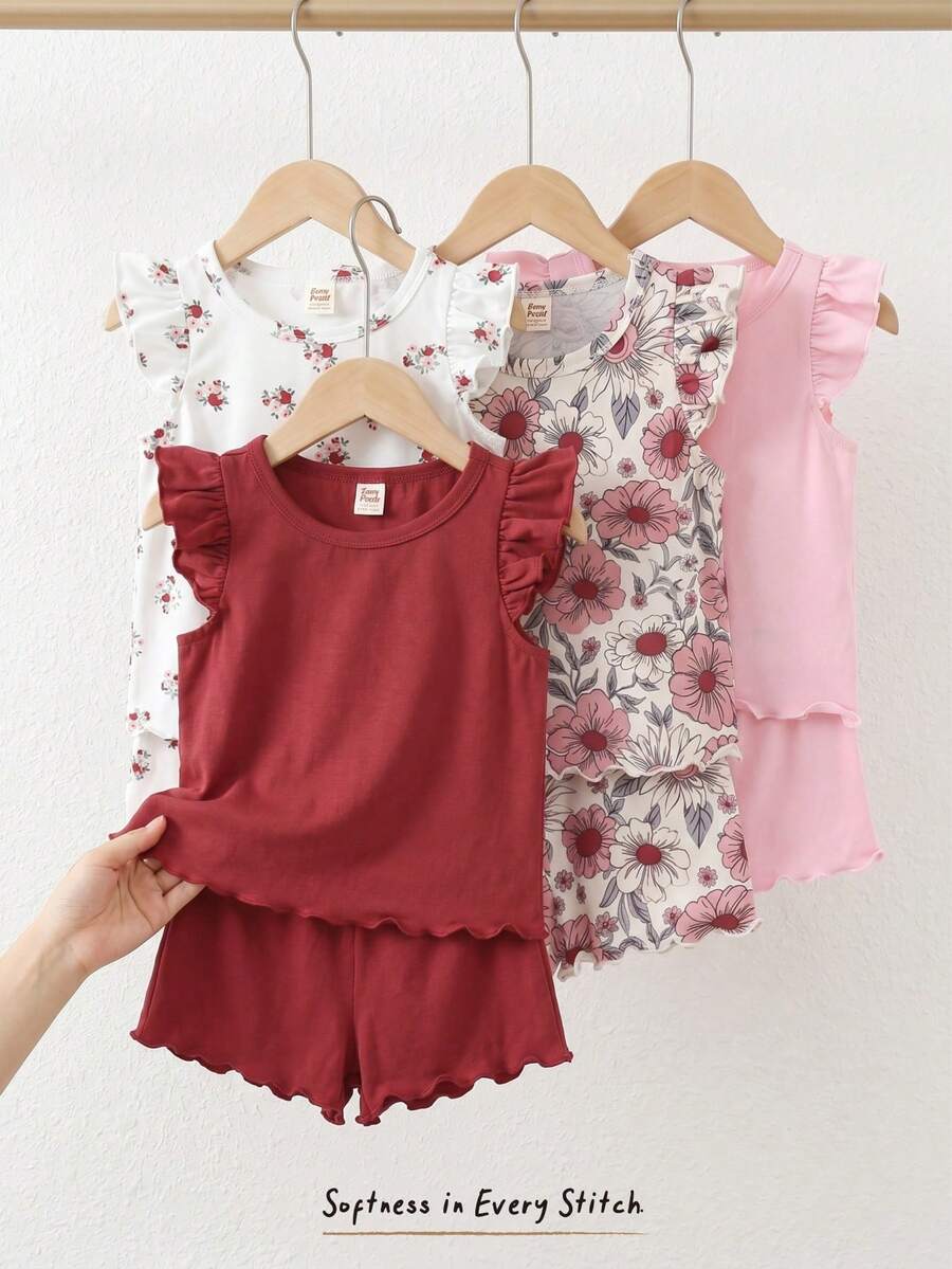 Cozy Pixies 8件套女婴碎花针织柔软圆领短袖上衣和松紧腰短裤套装 - 彩色 - 查看 1