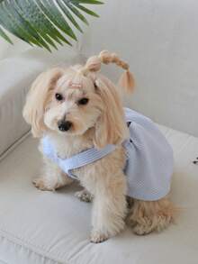 PETSIN 一件式宠物背带裙，粉色条纹泡泡格子设计，饰以黑色蝴蝶结和珍珠，适合狗和猫。 - 藍色 - 查看 5