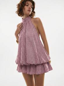Poéselle Women's Plaid Print Halter Backless Casual Mini Dress - Pink - View 4