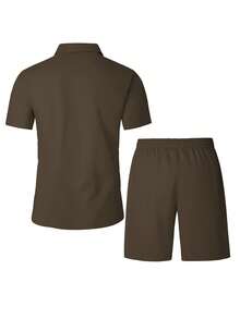Manfinity Homme Conjunto casual de camisa de manga corta y pantalones cortos de unicolor para hombre - Café integral - Ver 2