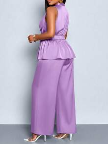 SOLERSUN 2pcs Women Plus Size Summer Solid Satin Sleeveless Knot Waist Top And Wide Leg Pants Set - Purple - View 5