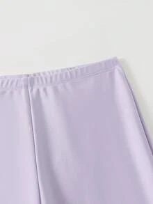 SHEIN 青少年女孩坦基尼泳裝，休閒保守風，黑色蝴蝶結針織上衣配撞色袖，白色底黑蝴蝶印花，拉鍊泳褲配撞色下襬，優雅時尚，適合游泳、夏季度假、海灘、泳池 - 淡紫色 - 查看 4
