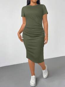 SHEIN Essnce Plus Size Women's Army Green Summer Smart Casual Everyday Short Sleeve Slit Slim Mid-Length Dress,Elastic Fashion Cuffs Comfortable Versatile Basic - Army Green - View 4