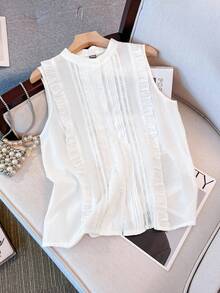 SHEIN Franclia 女士夏季纯色荷叶边下摆衬衫 - 白色 - 查看 5