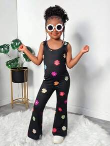 SHEIN Bộ áo hai dây và quần dài màu đen dệt kim hở lưng cho bé gái, trang phục thường ngày dễ thương, đa năng và thời trang. - màu đen - Xem 5