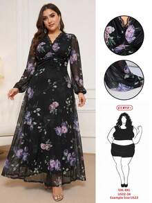 SHEIN CURVE+ 优雅简约印花撞色蕾丝灯笼袖连衣裙 - 彩色 - 查看 3