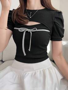 FRIFUL Áo thun nữ ngắn ôm dáng cổ tròn gân rãnh, tay phồng hở, họa tiết kẻ caro, thắt nơ trước, phong cách ngọt ngào cho mùa hè - màu đen - Xem 6