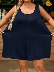 SHEIN CURVE+ Plus Size Women's Solid Color Round Neck Casual Loose Romper With Pockets, Summer - Navy Blue - View 3