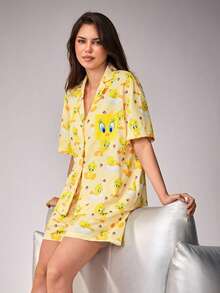 LOONEY TUNES X SHEIN Women's Cartoon Print Button-Up Short Sleeve Top And Shorts Casual Loungewear Pajama Set - Yellow - View 5