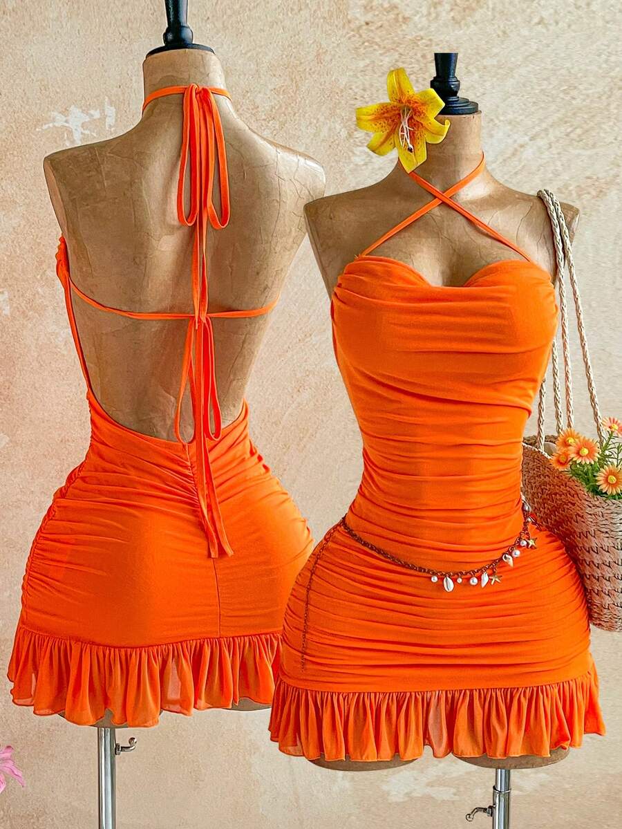 Soleia Women's Vacation Solid Color Ruffle Hem Halter Mini Dress - Burnt Orange - View 1