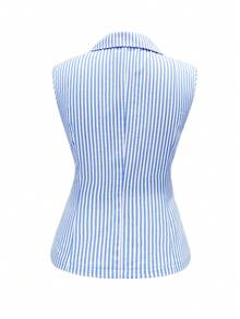 Elenzga petite 夏季新款休闲条纹背心外套，收腰无袖薄款女士西装外套 - 藍白色 - 查看 3