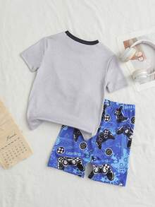 Set Piyama Anak Laki-Laki 2pcs/Set Atasan Rajut Lengan Pendek Leher Bulat Motif Permainan Video dan Celana Pendek, Bahan Lembut & Bernapas, Cocok untuk Dipakai di Musim Panas - MultiWarna - View 2