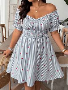 SHEIN VCAY Robe grande taille à épaules dénudées avec motif cœur, rayures bleu & blanc, coupe trapèze, robe mini romantique de plage, style bohème - Bleu azur - Voir 6